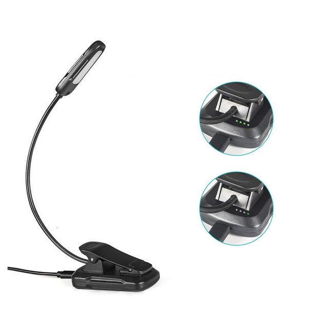 Lámpara de lectura con 16 LED y clip, recargable por USB, 9 modos de brillo y 3 temperaturas de color, con abrazadera de cuello flexible de 360° para cama y libros.