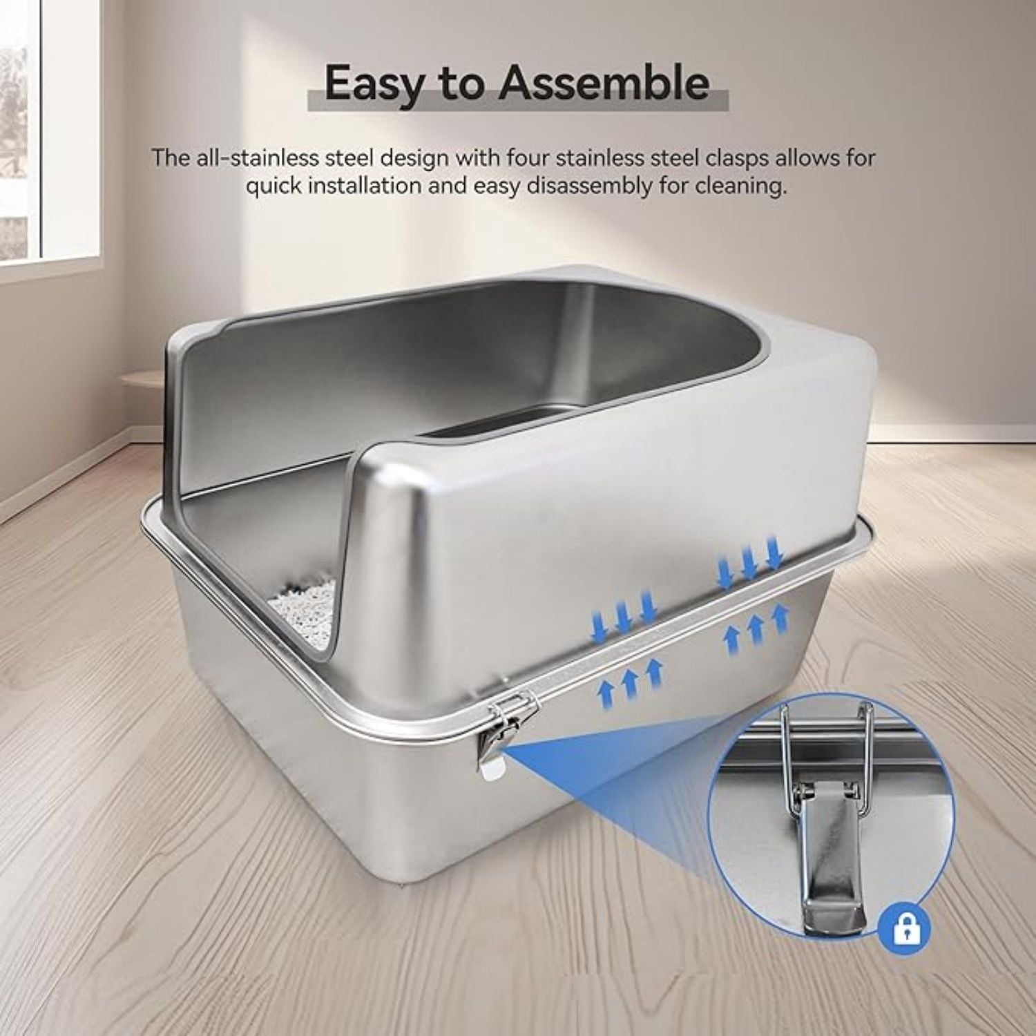 Stainless Steel Litter Box with Metal Lid and Scoop - Enclosed Metal Litter Box for Large Cats, Rust-Resistant, Odor-Control, Easy to Clean, Durable & Long-Lasting with Round Edge (L)