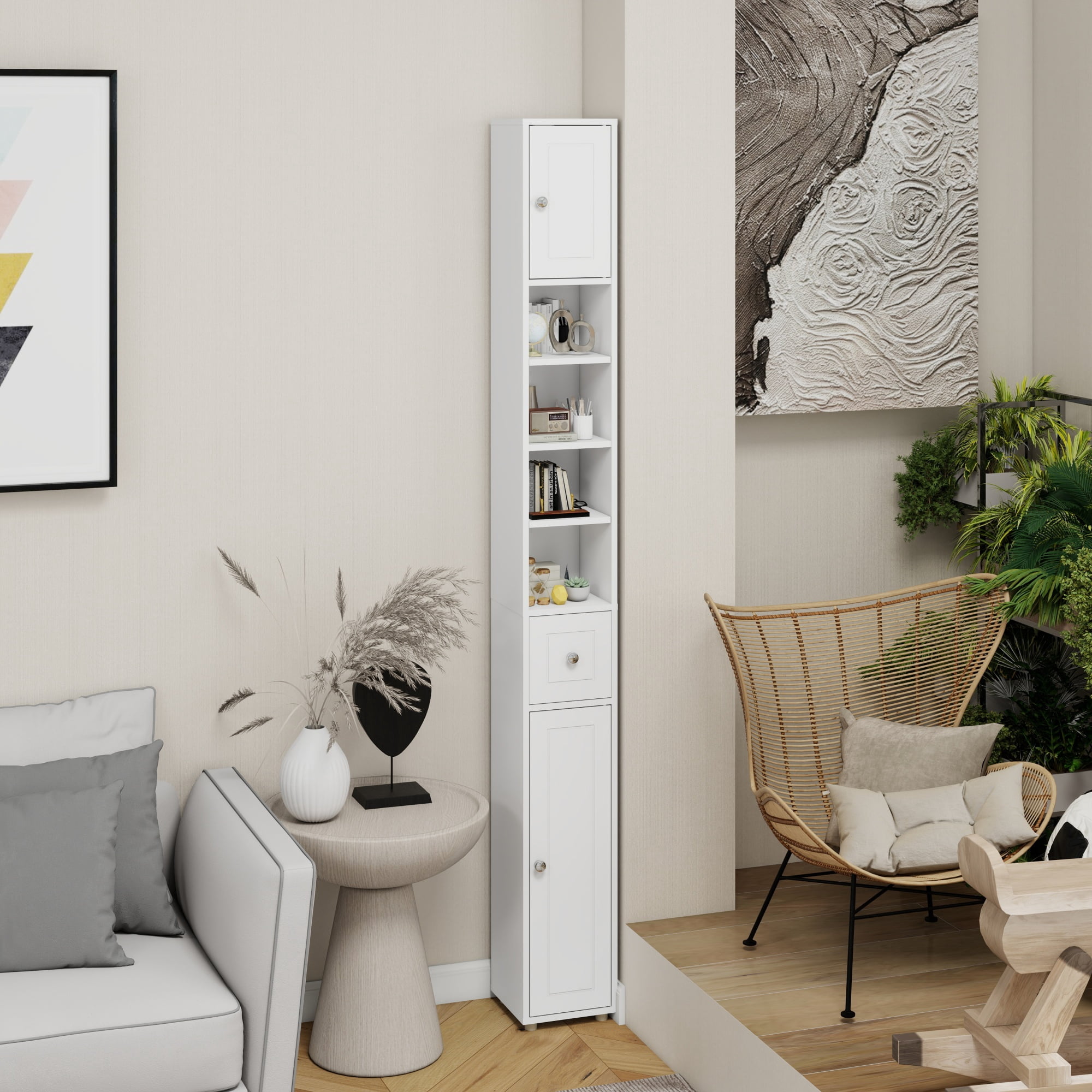Leumius 71" Tall Bathroom Storage Cabinet,Tall Slim Freestanding Bathroom Cabinet with 1 Drawer, 2 Doors and 4 Adjustable Shelves for Small Space,Living Room,White