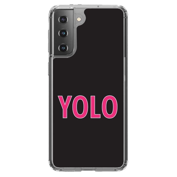 DistinctInk Clear Shockproof Hybrid Case for Galaxy S21  PLUS 5G (6.7" Screen) - TPU Bumper, Acrylic Back, Tempered Glass Screen Protector - Black Pink YOLO