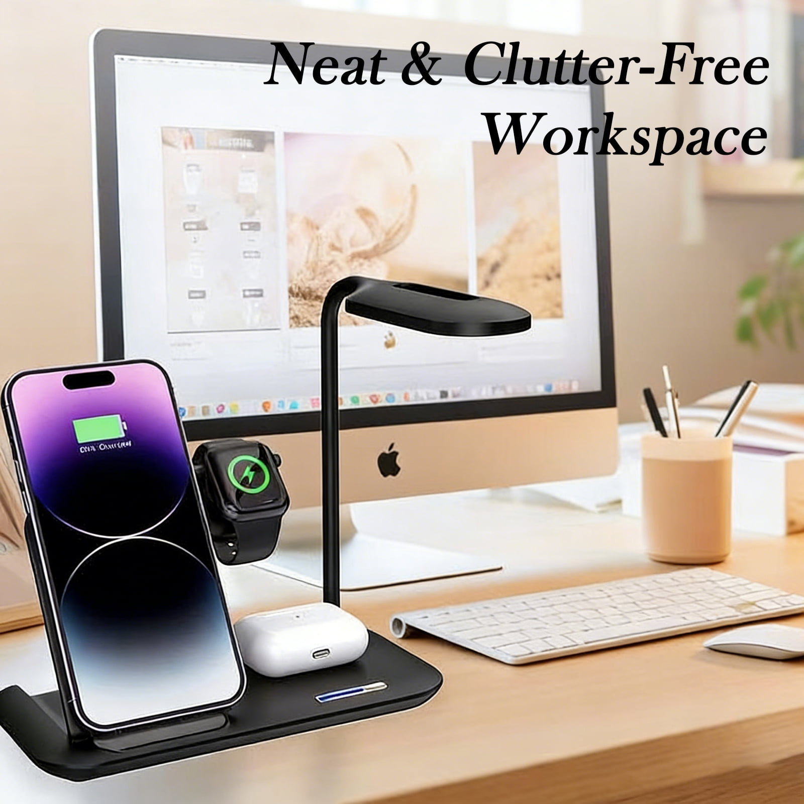 4in1 Multifunctional LED Desk Lamp with Foldable Wireless Charger 15W Qi Charger for iPhone/Android, Airpods, Apple Watch/iWatch Compatible