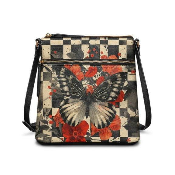 LedBack Butterfly Chckered Print Leather Crossbody Purse for Women Satchel Handbag Purse with Zipper Pocket, Portable Shoulder Bag Messenger Bag with Adjustable Strap, Black