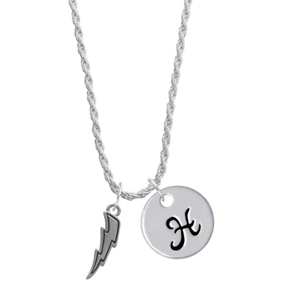 Delight Jewelry Silvertone Lightning Bolt Silvertone Script Initial Disc - H - Charm Necklace, 20"+3"