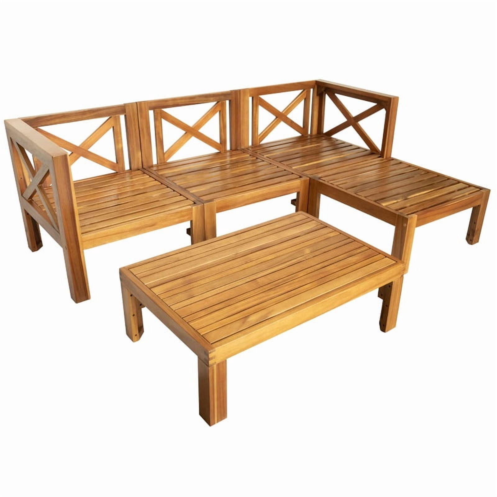 5-Piece Solid Wood Outdoor Sectional Sofa Set with Ottoman, Patio Furniture Set with Cushions, Outdoor Seating Group Set with Coffee Table