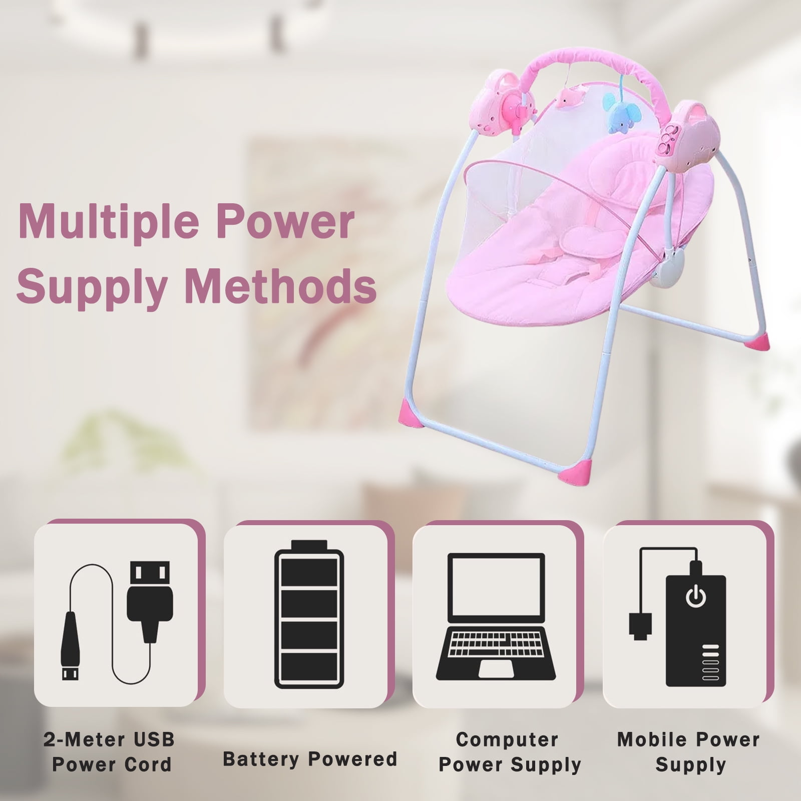 LHUAI, Electric Baby Swing And Bouncer Combo, Portable Compact Automatic, Bluetooth Music, 12 Preset Melodies, Remote, Pink