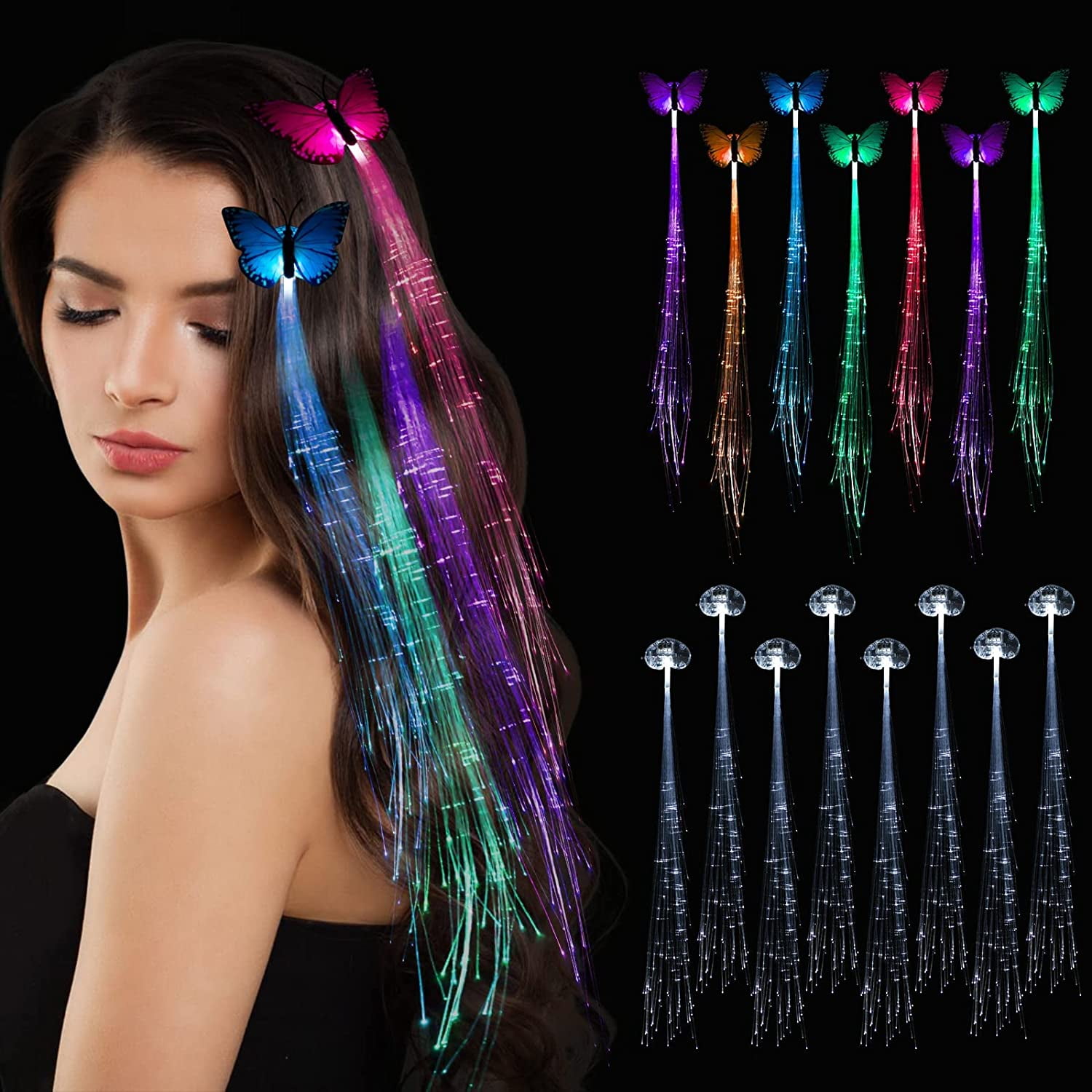 JYSPORT Fibre Optic Light Up Hair LED Flashing Hair Clip Extensions Multicolor Hair Barrettes 