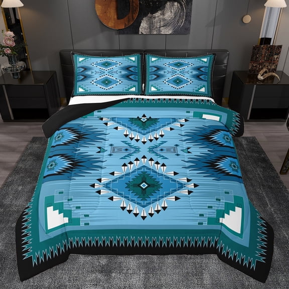 Homewish Tribal Aztec Adult Bedding Comforter Set, Blue Triangle Abstract Twin Comforter Sets, Western Hippie Bohemian Reversible Bedding Set, Ultra Soft Bedroom Decor, 2 Pieces