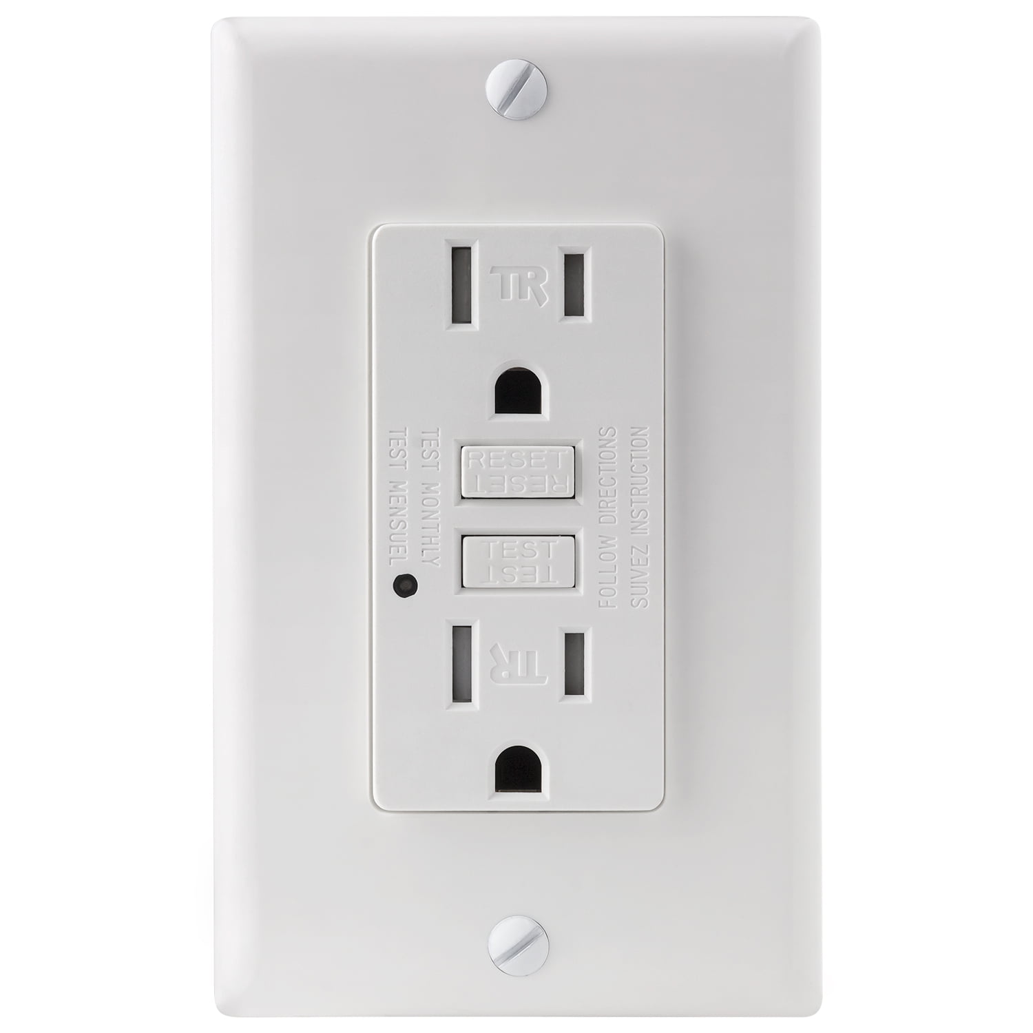 Diodesy- E542 GFCI Duplex Tamper-Resistant Receptacle Outlet with Matching Decor Wall Plate, Self-Test, LED Indicator Light, Ground Fault Circuit Interrupter, 15Amp, 120V, White Color, ETL Listed