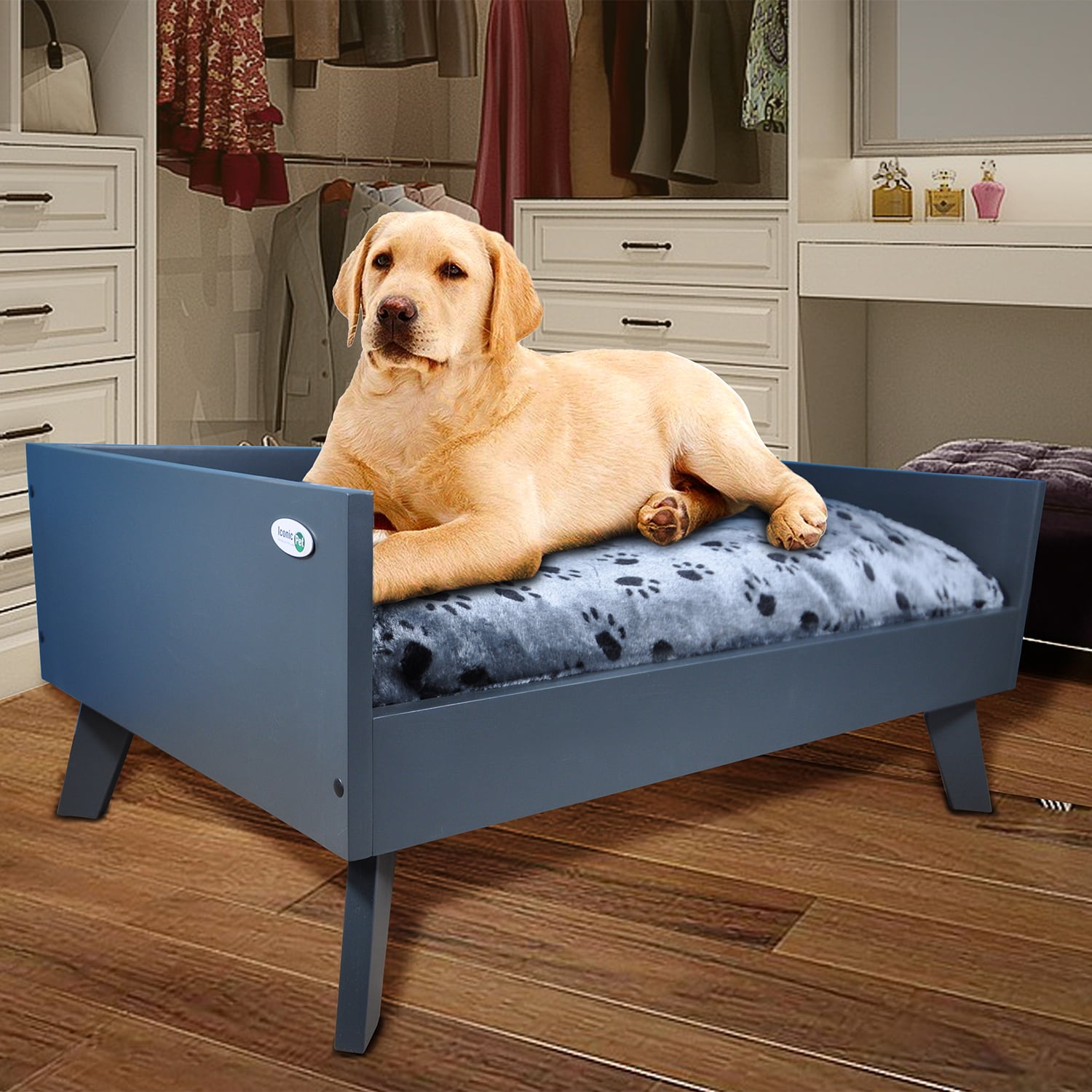 Iconic Pet Sassy Paws Raised Wooden Pet Bed with Removable Cushion for Dogs & Cats - Charcoal Gray - Large