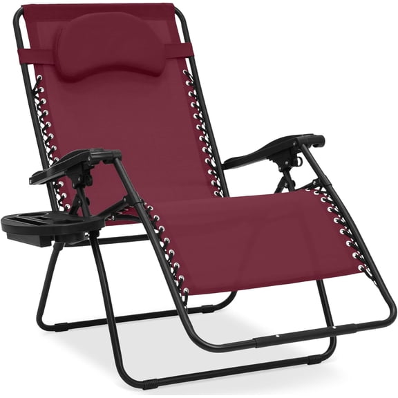 YEXJ Oversized Zero Gravity Chair, Folding Outdoor Patio Lounge Recliner w/Cup Holder Accessory Tray, Pillow-1-Burgundy
