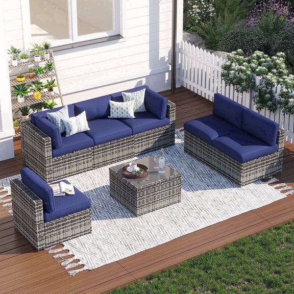 Clouddwell 7 Piece Patio Furniture Set Wicker Rattan Patio Conversation Set Outdoor Sectional Sofa Set with Coffee Table and Blue Cushions(Waterproof Cover Included)