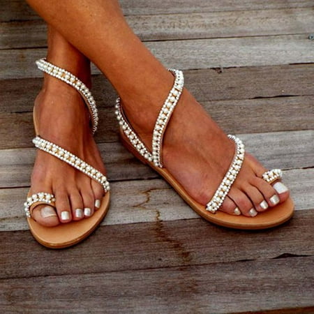 

Wirdiell Women Flat Beaded Open Toe Breathable Comfortable Beach Shoe Light Roman Sandals