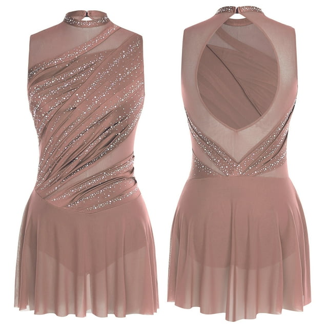 renvena Costume de Danse Lyrique Robe de Ballet Moderne Sans Manches avec Strass Contemporain Café L