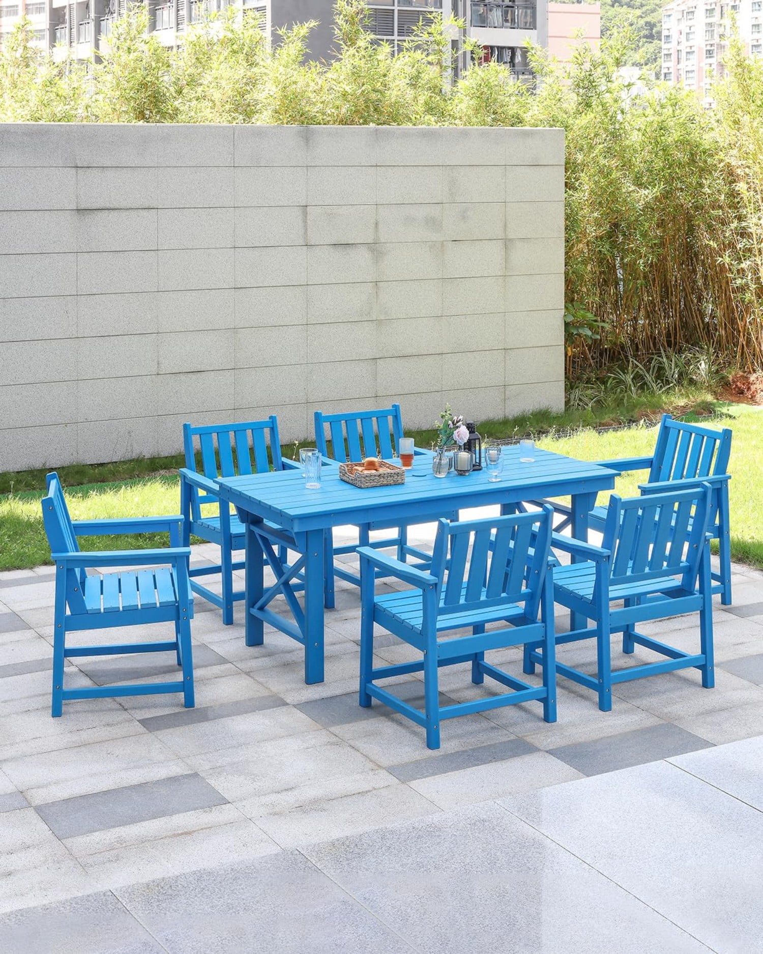 HDPE Dining Chair Set of 4, All Weather Outdoor Dining Chairs with Ergonomic Backrest, Heavy Duty Patio Chairs for Backyard, Garden, Poolside, Deck, Sky Blue