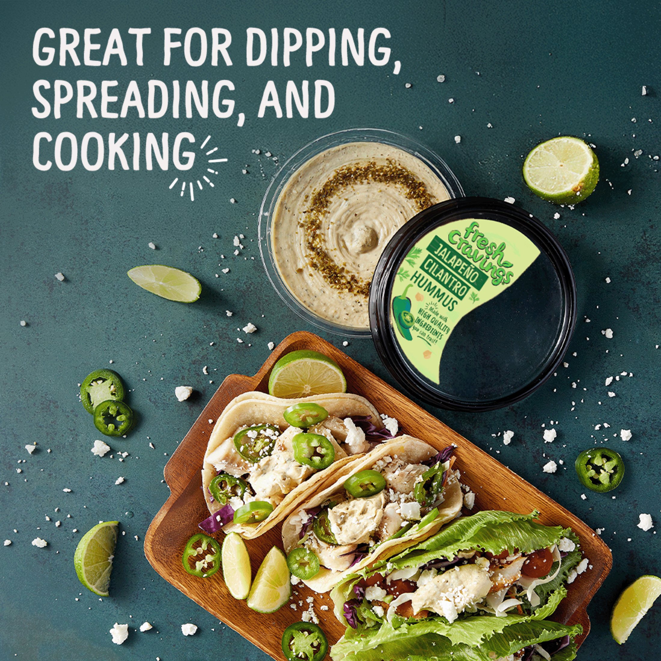 Fresh Cravings Jalapeno Cilantro Hummus,10oz. Plastic Tub, Gluten-Free, Dairy-Free, 2 Tbsp (32g), Contains: Sesame