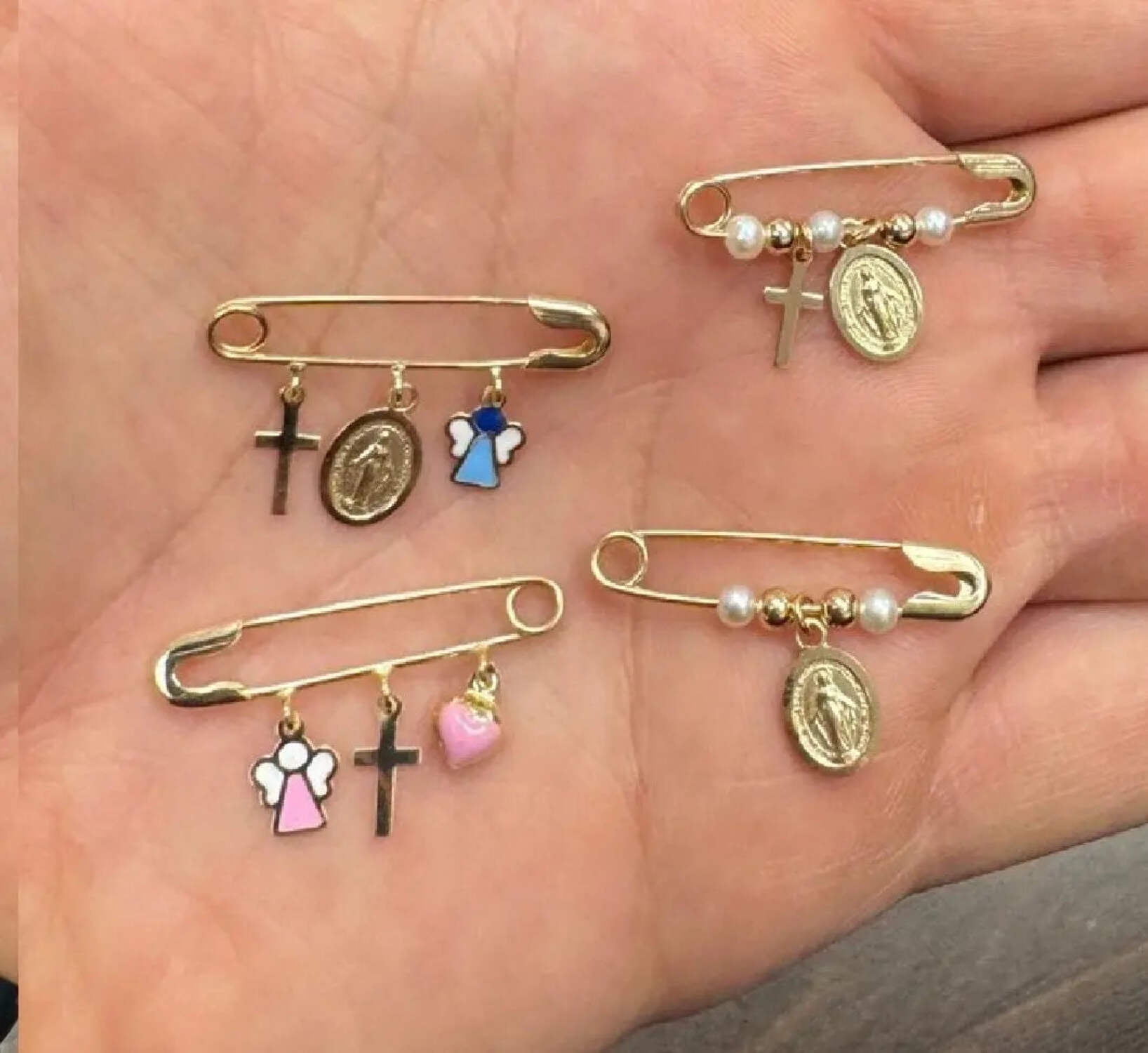 18k Solid Yellow Gold  Cross Pink Heart and Angel Enamel Safety Pin
