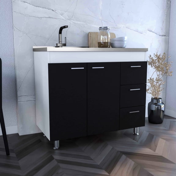 Double Door Cabinet, White/black, 40.07''w X 21.11''d 35.99''h, Engineered Wood For Durability Cabinet And Three Drawers, 35.99''h 21.11''d, With Faucet Hole