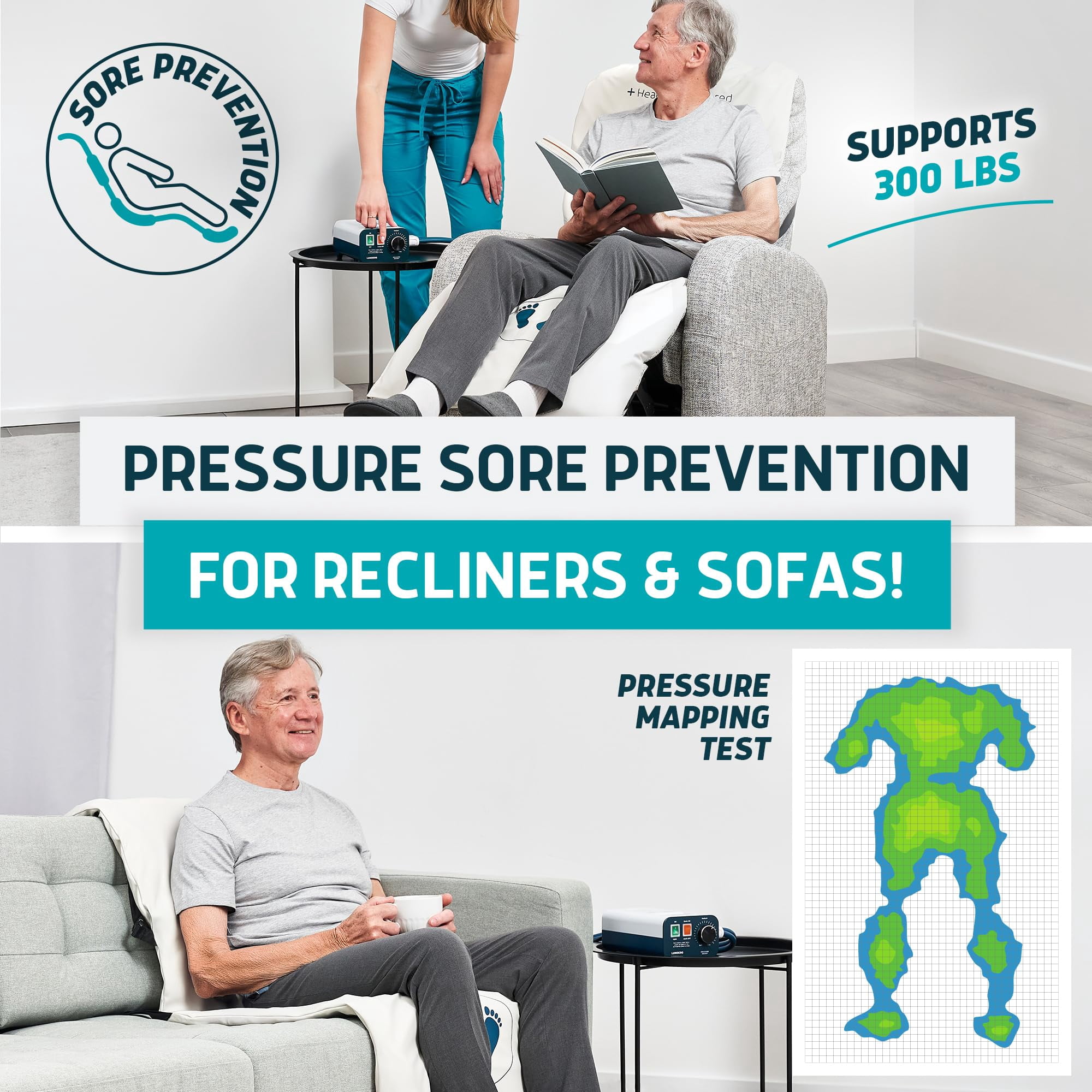 Lunderg Alternating Air Pressure Pad for Recliner Chair - Pressure Relief Cushion Topper for Recliner - Bed Sore Prevention - Medical Grade Mattress Pad, Cover & Quiet Pump - Home or Hospital (Cream)