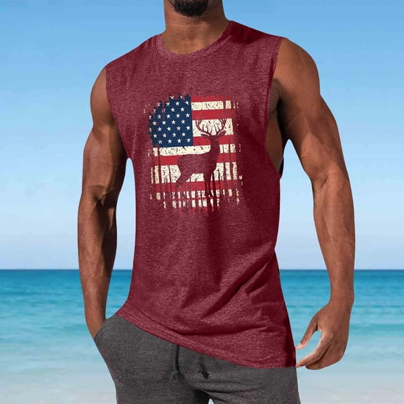 Xdegoge Patriotic Muscle Tee for Men Sleeveless Crew Neck Deer Graphic Tank Top Outdoor 4th of July American Flag Summer Holiday Shirt