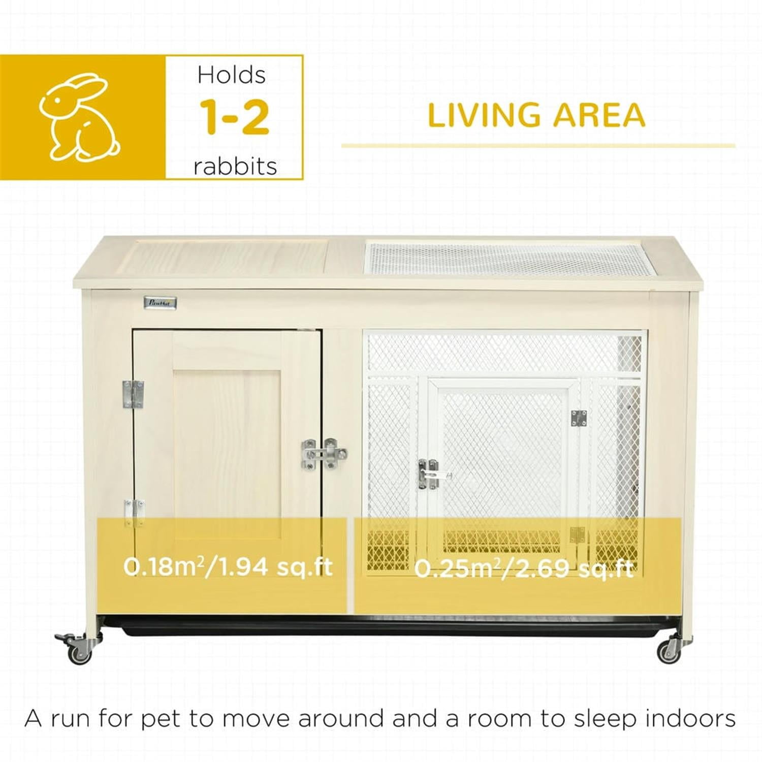 Kadyn 37" Indoor Wooden Rabbit Hutch with Openable Roof, Removable Tray and Wheels, Outdoor Bunny Cage for Bunnies, Guinea Pigs, Beige
