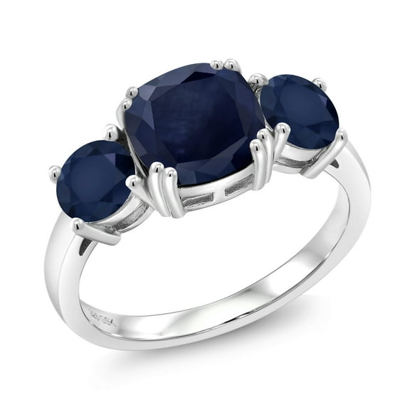 Gem Stone King 925 Sterling Silver Blue Sapphire 3 Stone Engagement Ring for Women (4.02 Cttw, Gemstone September Birthstone, Cushion 8MM, Size 9)