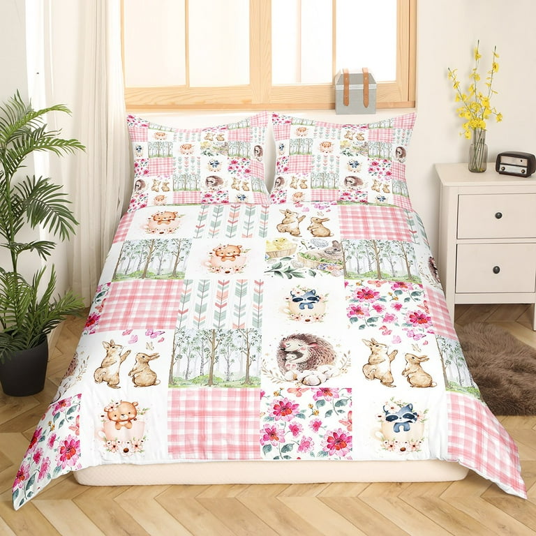 Kawaii Bedding Set Cartoon Rabbit Hedgehog Bear Duvet Cover for Kids Girls Pink Checkered Buffalo Plaid Comforter Cover Pine Trees Woodland Bed Set