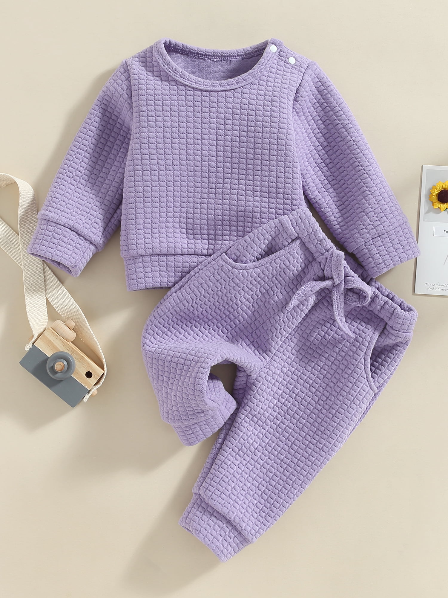 2pcs Solid Waffle Long-sleeve Baby Set