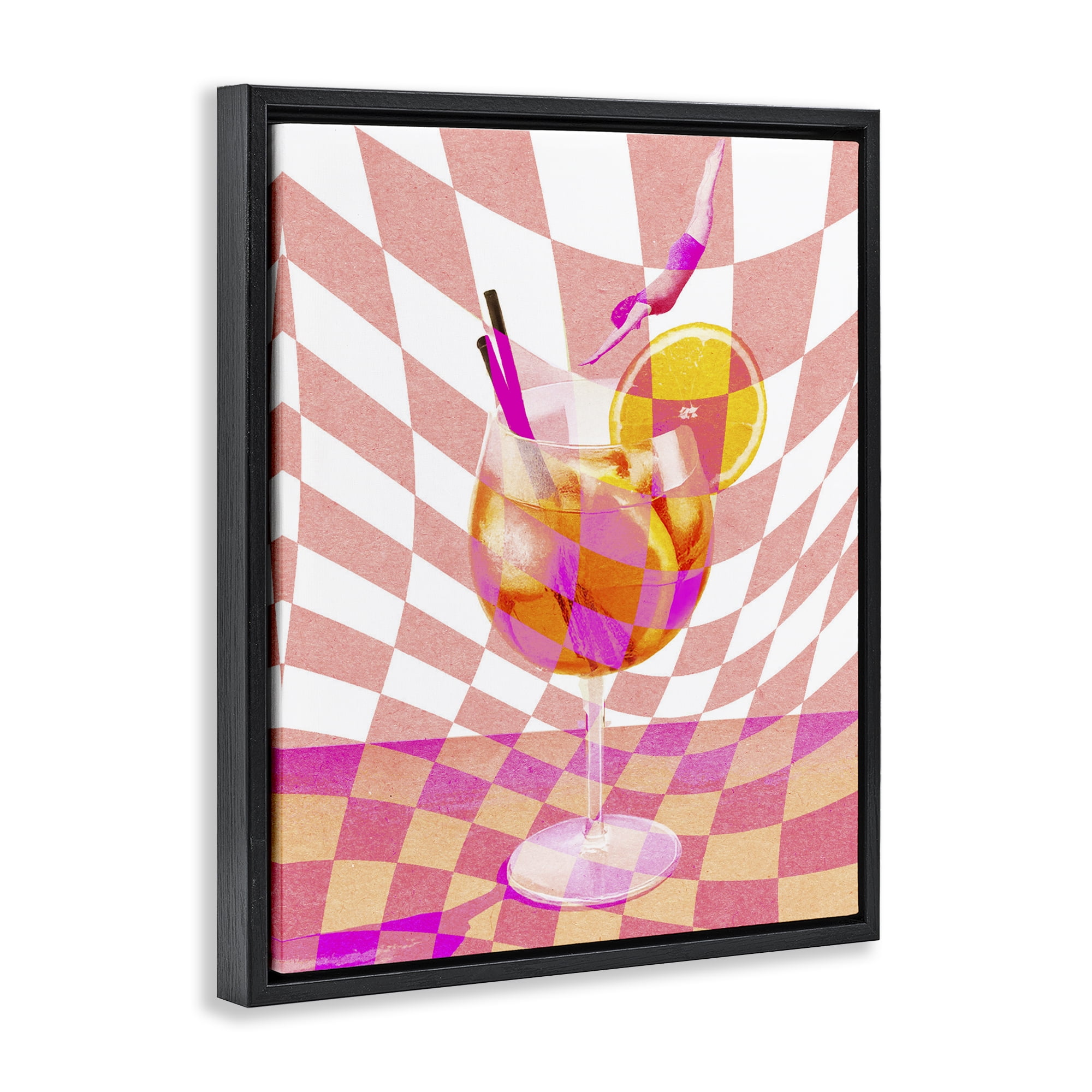 Retro Checkered Summer Cocktail Black Framed Floater Canvas Wall Art, design by Lil' Rue