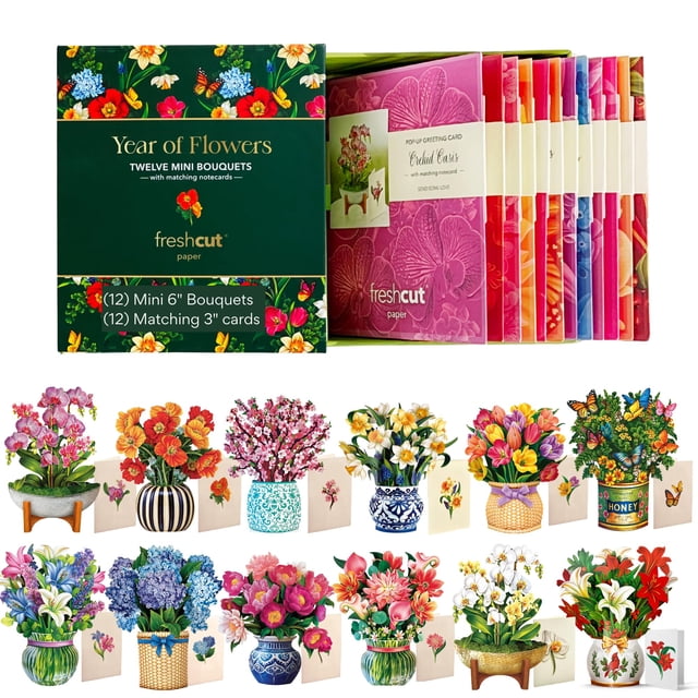 Freshcut Paper Pop-Up Greeting Cards, 6x6 Inch Mini Paper Flower Bouquets, 12 Count Assortment, Multicolor Floral Occasion Cards, Blank Inside, Pop-U