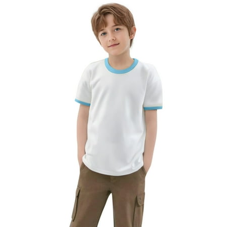 Rggeeun Teenage Boys T-Shirts Color Block Design Short Sleeve Crew Neck Knitted Top For Children And Kids Daily Versatile Tee Light Blue 8-9 Years