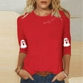 thumbnail image 2 of FAVIPT Womens Spooky Halloween Tops Three Quarter Sleeve Round Neck Shirts Cute Ghost Print Spooky Season Blouses Basic Soft Casual Tops Red,S, 2 of 4