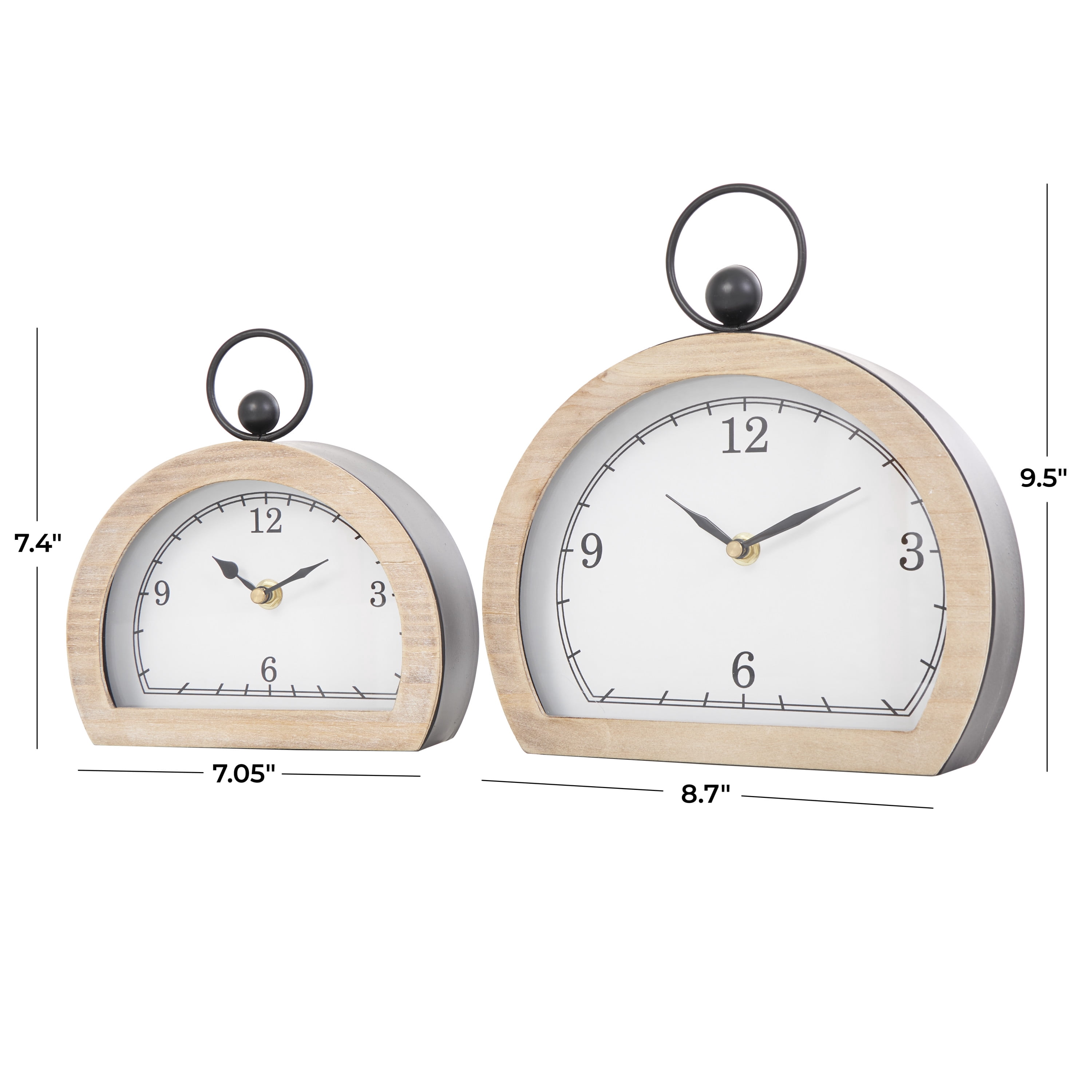 DecMode 10" White Wooden Semicircle Clock with Brown Wooden Frame and Ring Handle, Set of 2