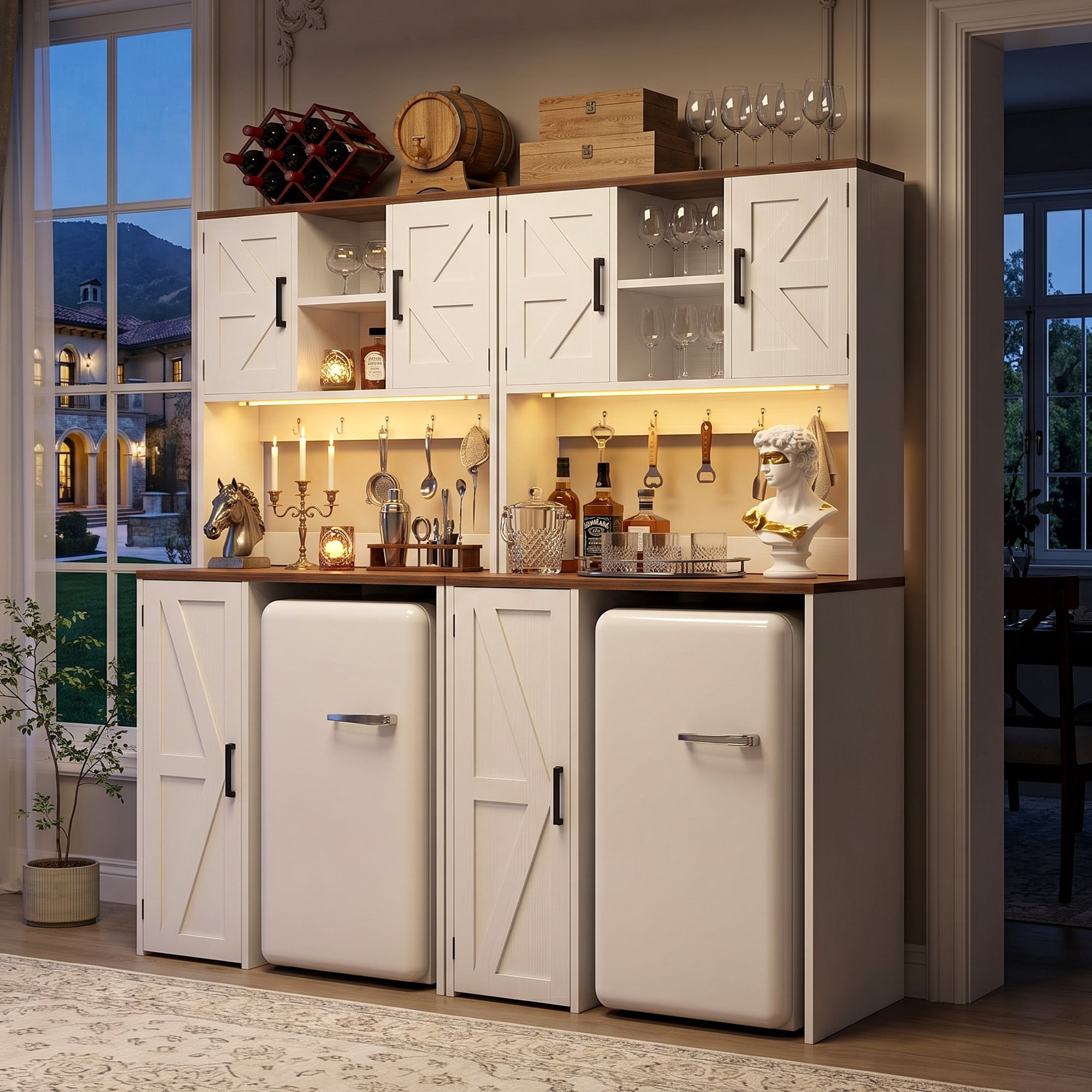 Homieasy 2-Piece Beverage Station Set - Mini Fridge Cabinet & Coffee Bar with Charging Hub, LED Light, Microwave Shelf & Wine Storage, Perfect for Kitchen, Dorm & Office,White