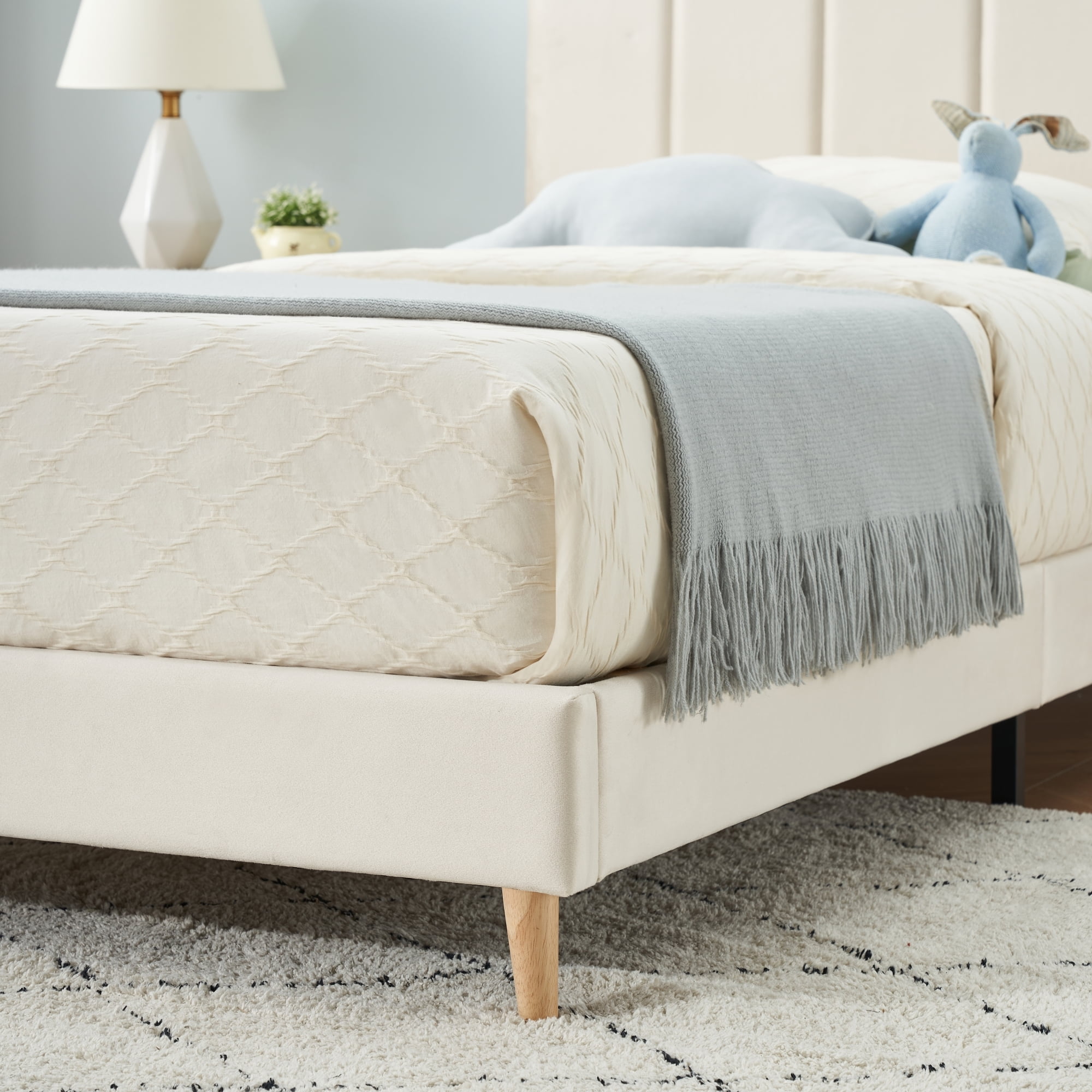 IDEALHOUSE White Twin Bed Frame for Boys & Girls, Velvet Upholstered Platform Bed Frame with Headboard, Strong Wooden Slats, Noise-Free,No Box Spring Needed, Easy Assembly