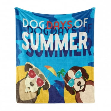 Beach Saying Soft Flannel Fleece Throw Blanket, Comic Cartoon Illustration of Sunbathing Puppies Dogs Days of Summer Text, Cozy Plush for Indoor and Outdoor Use, 50" x 70", Multicolor, by Ambesonne
