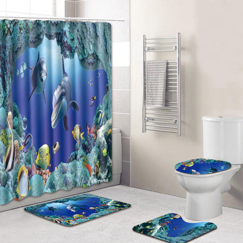 4Pcs/Set Bathroom Non-Slip Pedestal Rug+Lid Toilet Cover Bath Mat+Shower Curtain 