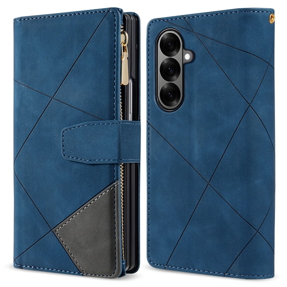 Dteck for Samsung Galaxy Z Fold 7 Wallet Case with 9 Card Slots Zipper Purse, Shockproof RFID Blocking PU Leather Strap Wristlet Flip Case with Magnetic Closure, Blue