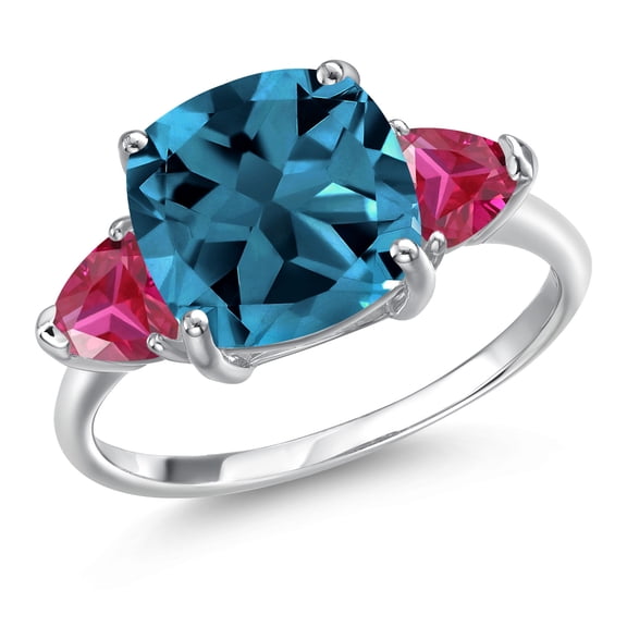 Gem Stone King 6.06 Ct Cushion London Blue Topaz Red Created Ruby 10K White Gold Ring (Size 7)