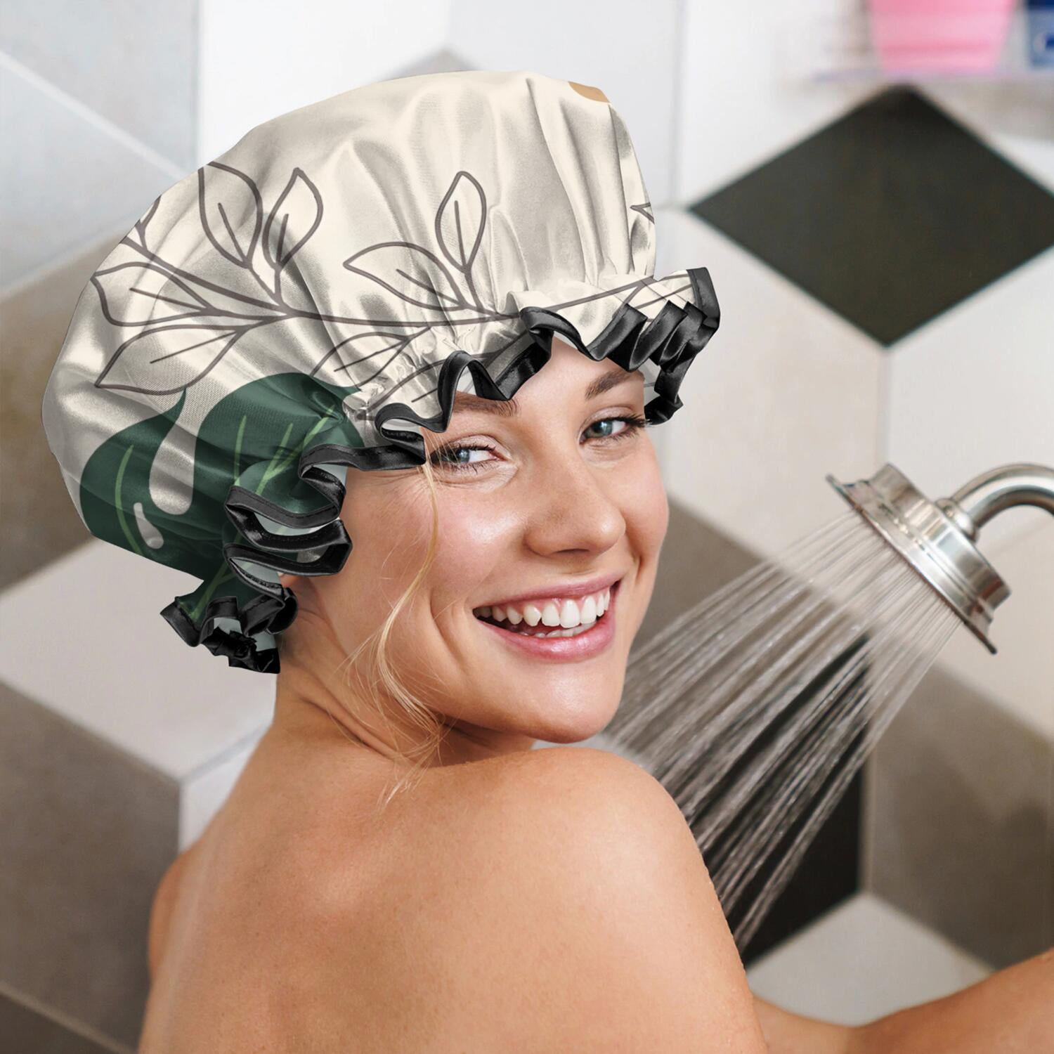 Shower Caps,Orange Boho Plant Pattern Waterproof Shower Cap for Women 4 Pieces,Double Reusable Hair Cover for Shower PEVA Elastic Stretch Hem