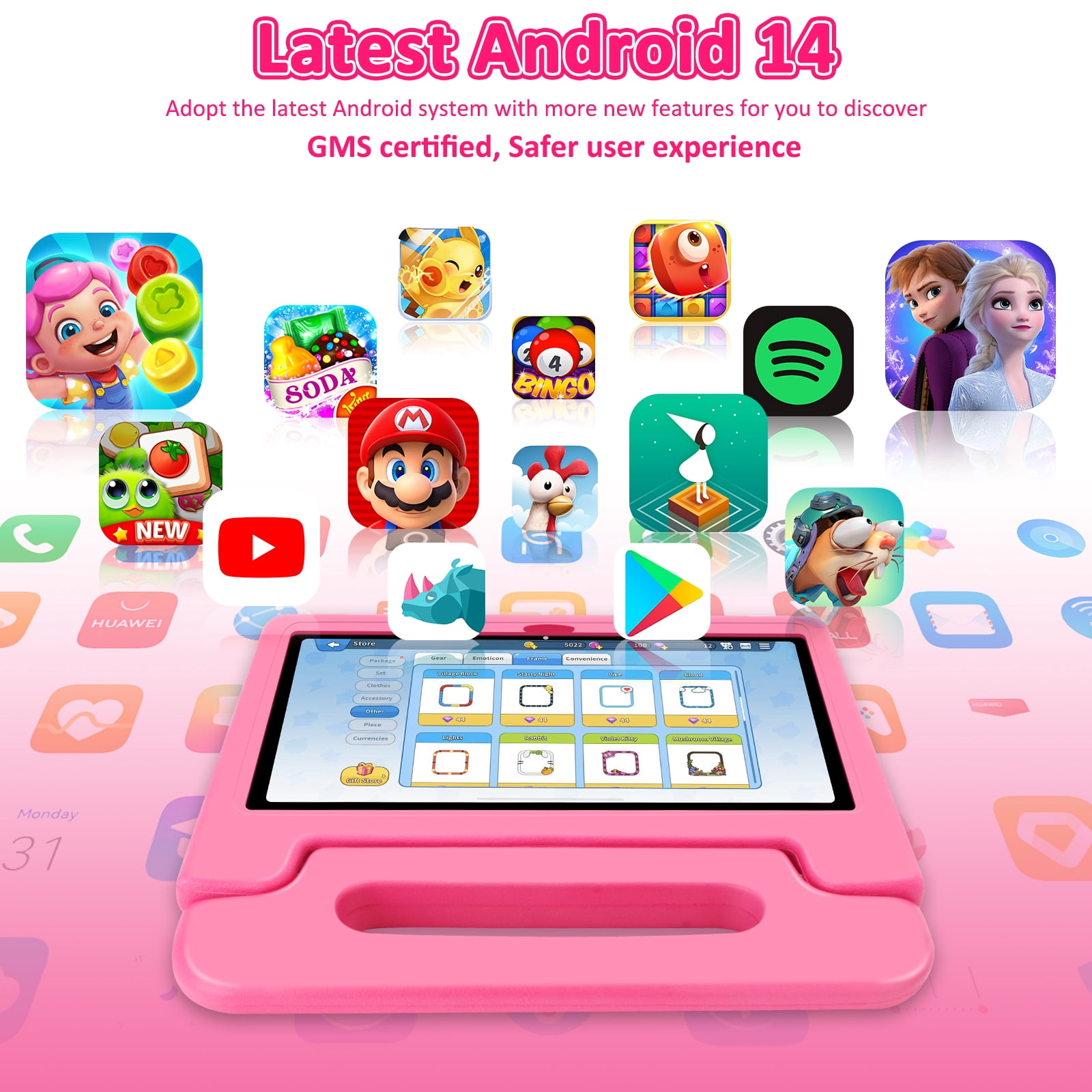 Kids Tablet, 10.1 inch Tablet for Kids IPS HD Screen RAM 8GB 64GB Storage, J10 Pro Toddler Tablet with Protective case - Pink