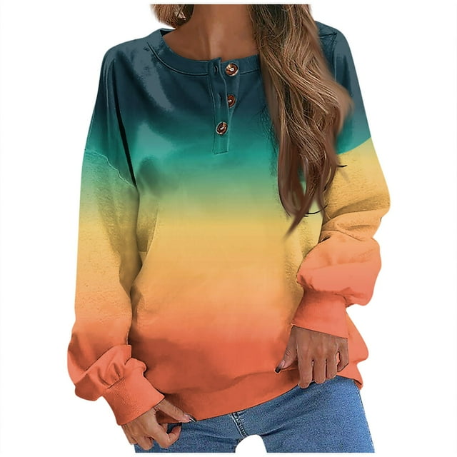 Yuyuzo Chemises pour Femmes Col Rond 1/4 Bouton Manches Longues Pull Dégradé Chandails en Molleton Amples Hauts Décontractés