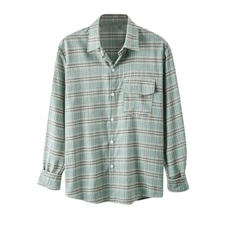 

Men Long Sleeve Casual Plaid T Shirts Lapel V Neck Flannel Lattice Button Up Shirt Front Pockets Mint Green Jacket Coat Men Size Medium