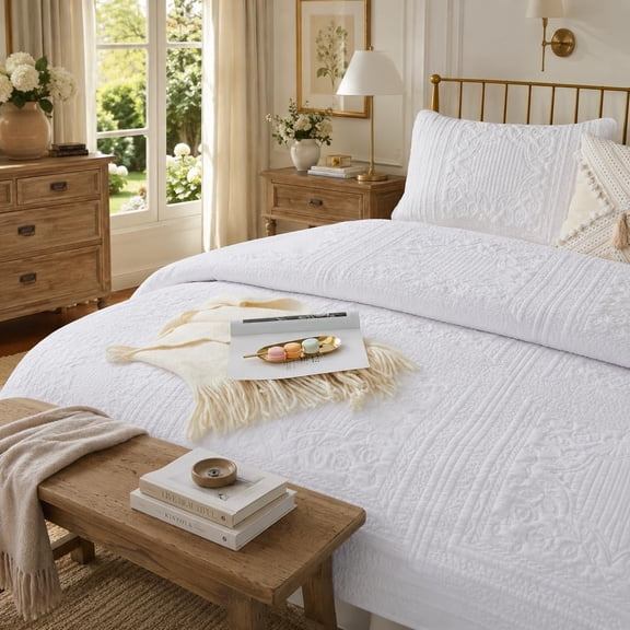 White Quilt Size Matelasse Coverlet Set Cottage Stitched Quilts 3-