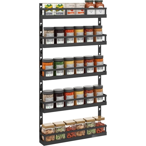 5-Tier Small Wall-Mounted Spice Rack Organizer, Height-Adjustable, Space-Saving Compact Design for Kitchen Pantry Cabinet, Black