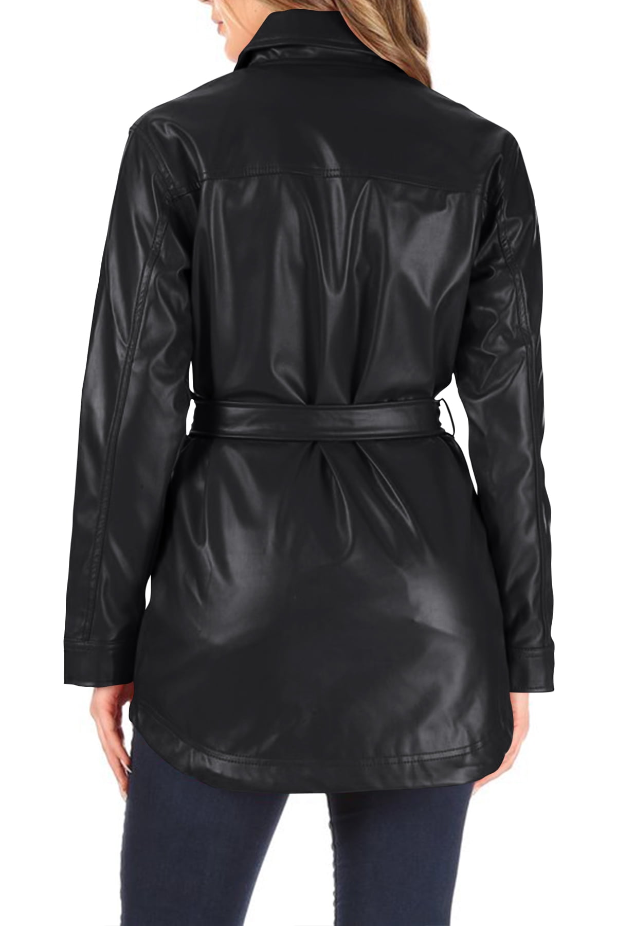 Women's Long Sleeve Button Front Waist Belted Faux Leather Coat Jacket