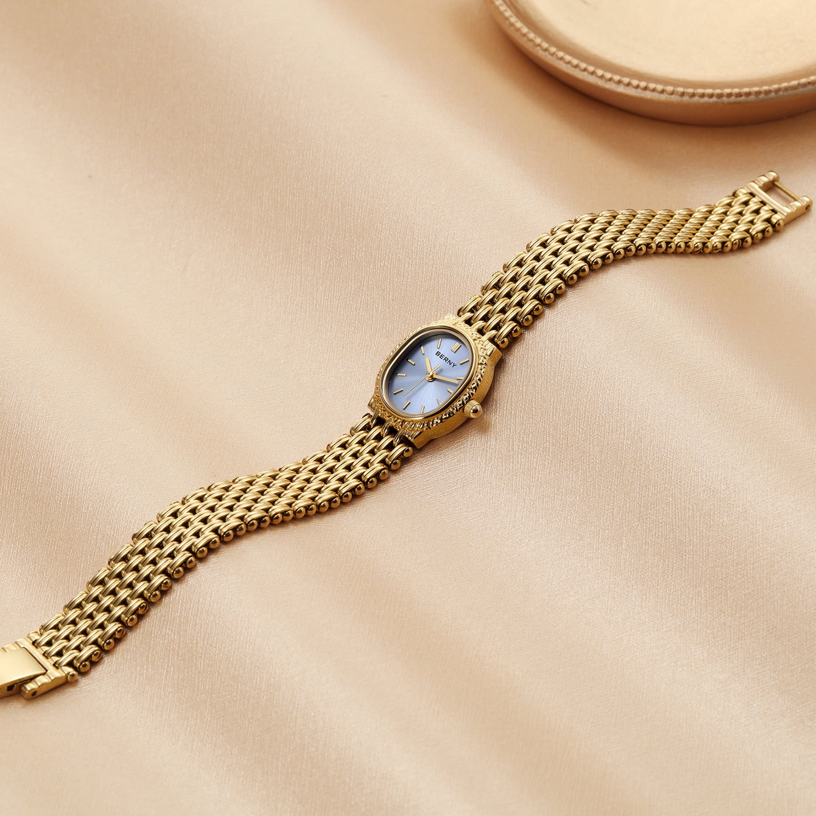 BERNY Small Gold Watches for Women, Dainty Vintage Oval Dial Stainless Steel Bracelet Watch, Adjustment Tool Included, Waterproof, Minimalist Luxury Ladies Analog Quartz Wrist Watch (Light Purple)