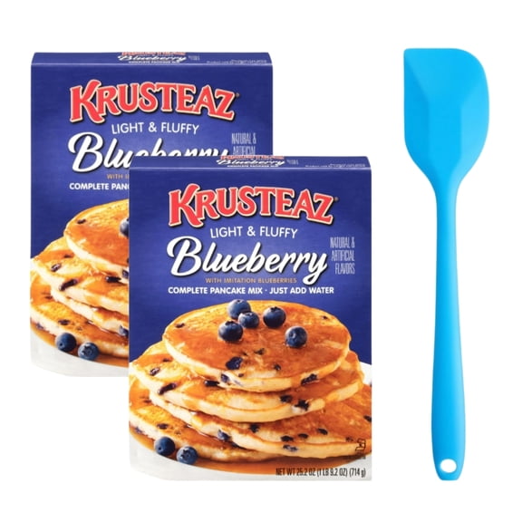 Krusteaz Light & Fluffy Blueberry Complete Pancake Mix, 25.2 oz Box (2 pack) and 8in Silicone Spatula (Color Varies)