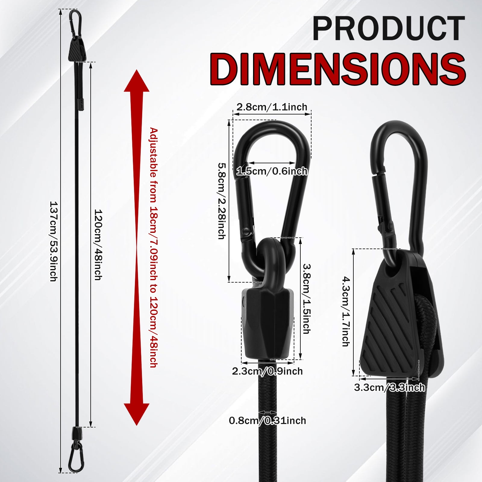Adjustable Bungee Cords with Hooks 48 Inch, 8 PCS Adjust from 7" to 48" Bungee Straps with Carabiner Hooks Heavy Duty Outdoor for Camping, Cargo, Bike,Tarps, Tents, Bike, Luggage, Boats,etc