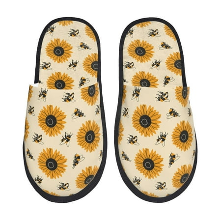 Balery Sunflowers And Bee Slient Indoor Furry Fleece Comfort House Shoes Soft Non-Slip Home Shoes Cotton slippers House Slippers-- Medium
