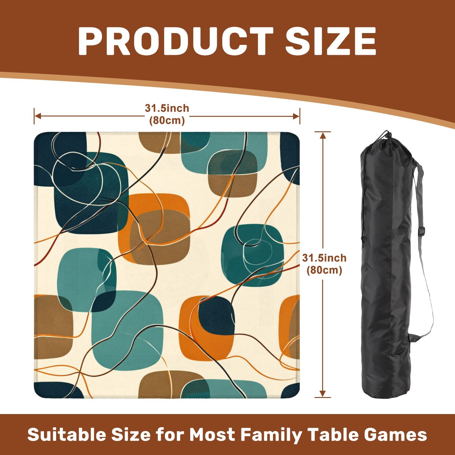 Mahjong Mat 31.5" x 31.5" Abstract Mid Century Modern Geometric Retro Shapes Teal Orange Beige Non-Slip Noise Reduction American Mahjong Tiles Table Cover for Dominoes Poker Card Board Games Gift